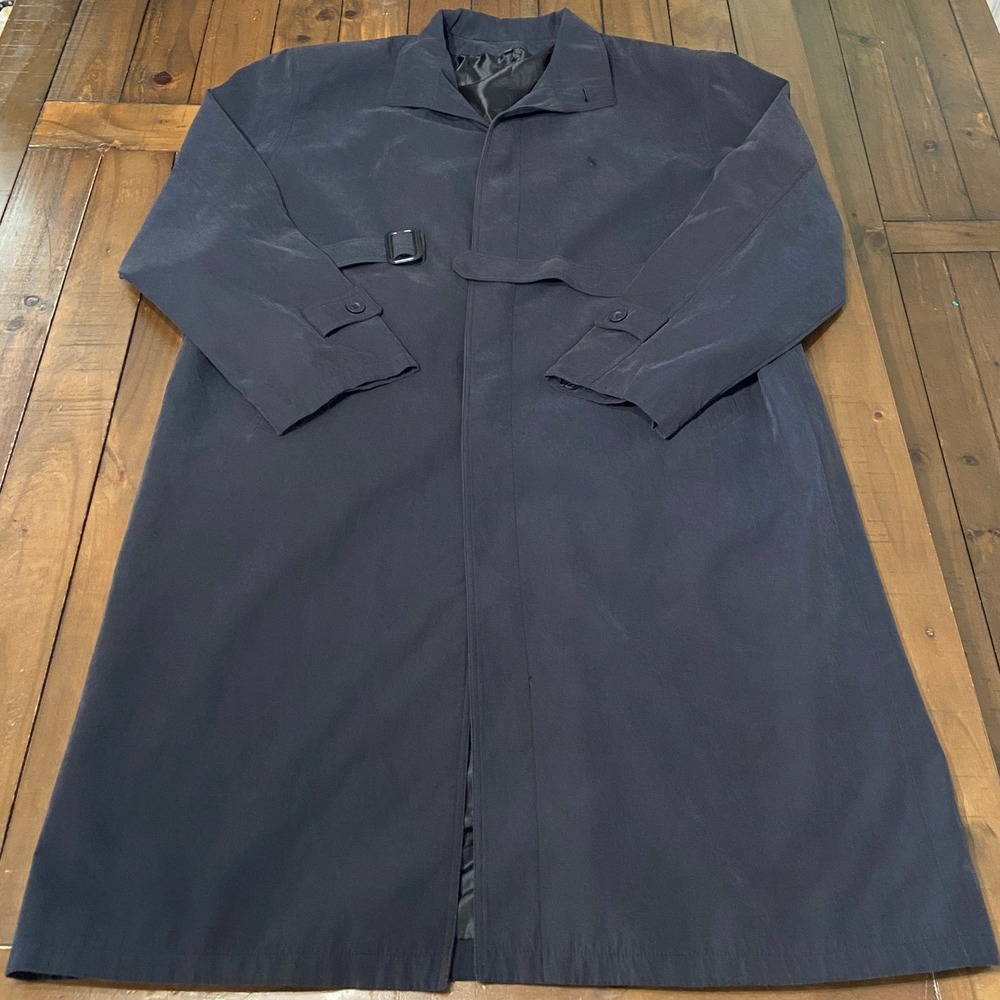 Vintage Polo Ralph Lauren Mens Navy Blue Belted Trench Coat Long Overcoat Jacket
